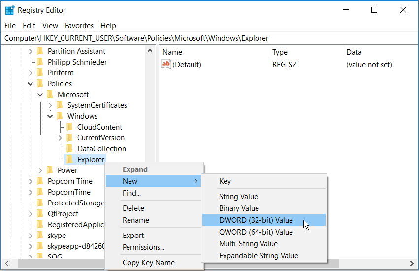 Creating a new DWORD value on the Registry Editor 1 - 6 modi per correggere il Centro operativo di Windows 10 quando non si apre