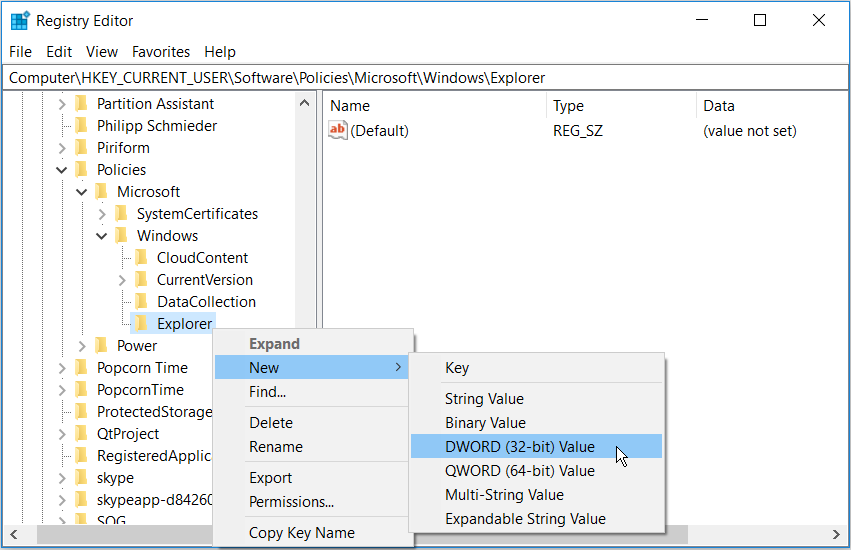 Creating a new DWORD value on the Registry Editor