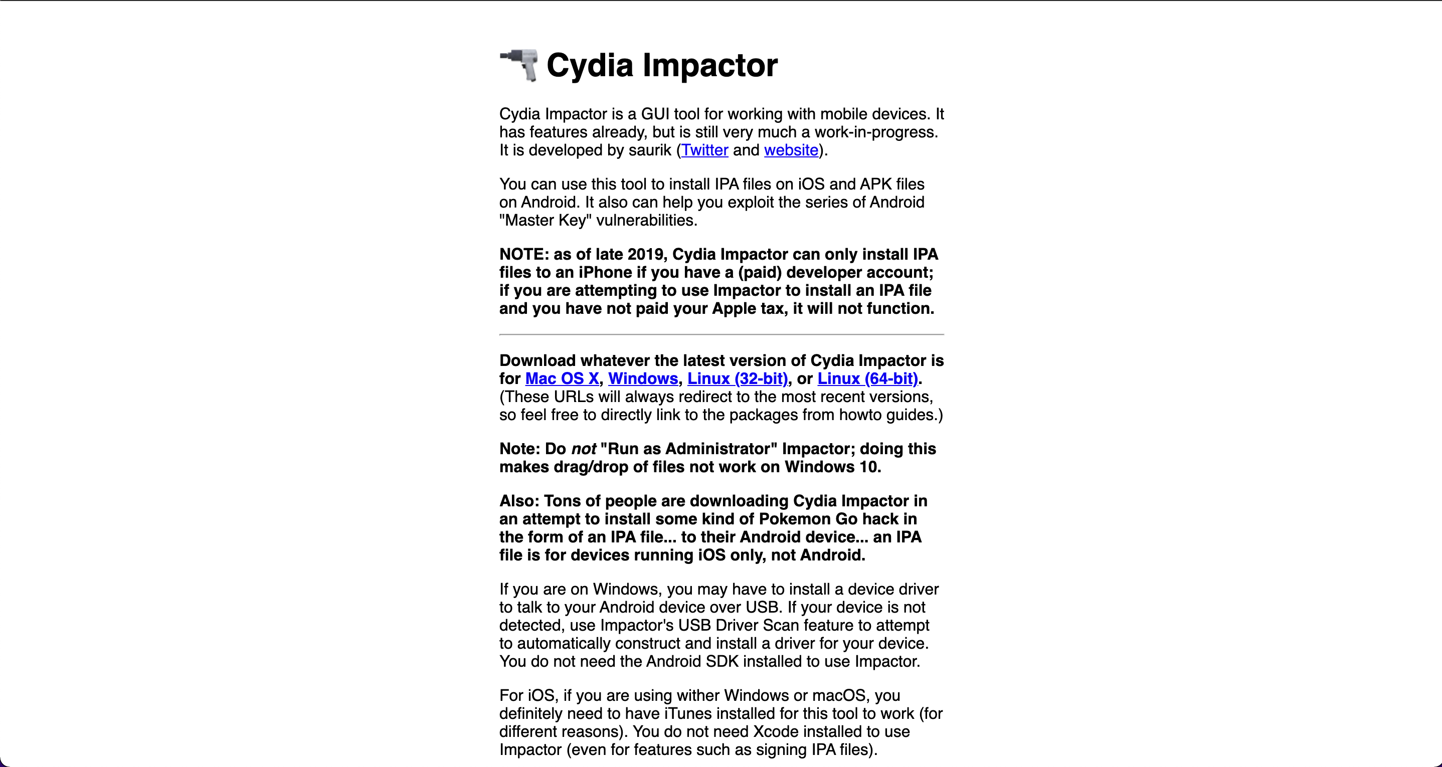 Screenshot of the Cydia Impactor website