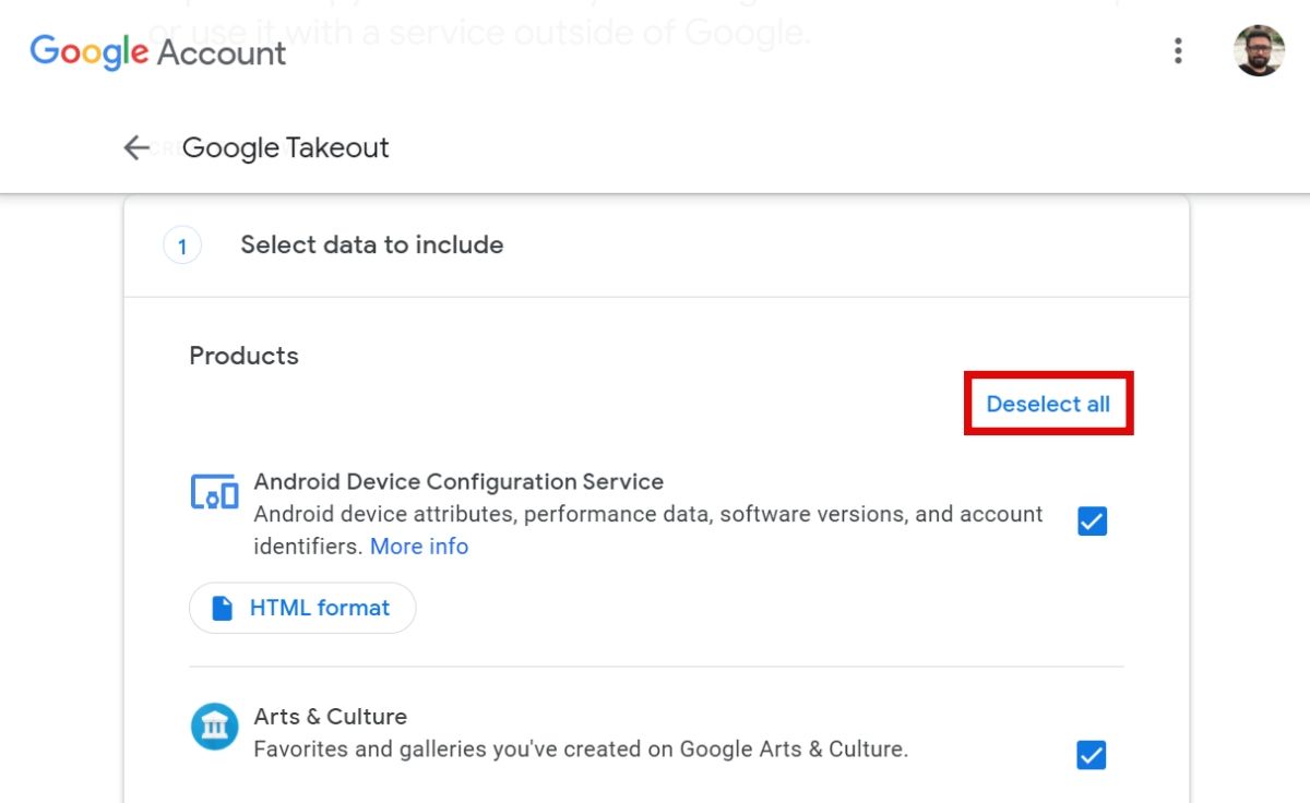 Deselect Button on Google Takeout Page