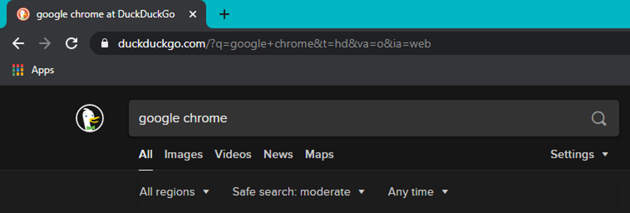DuckDuckGo's search term displayed on Chrome's address bar.