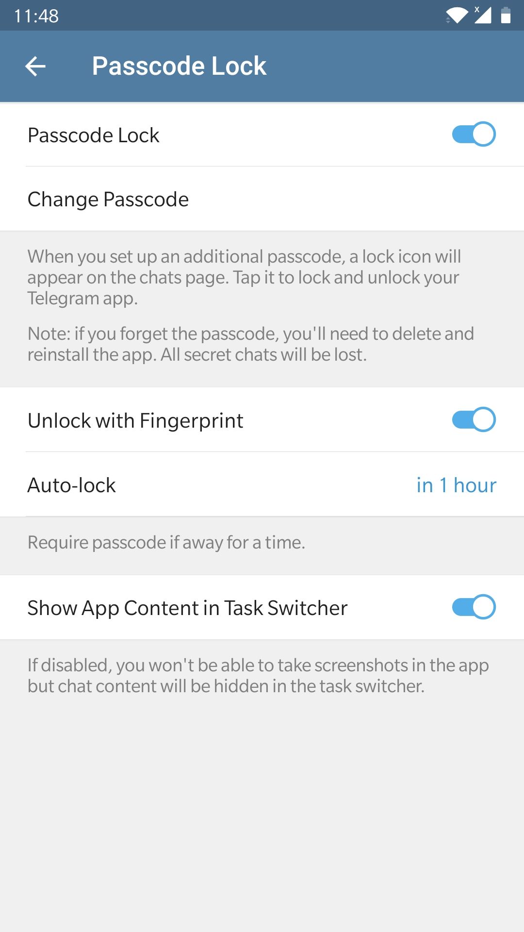 Enabled Passcode and Auto-lock in Telegram for Android