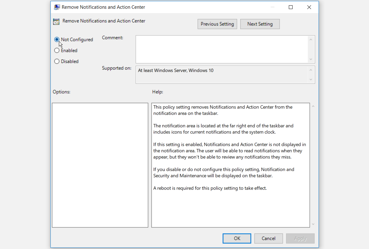 Enabling the Action Center Using the Group Policy Editor - 6 modi per correggere il Centro operativo di Windows 10 quando non si apre