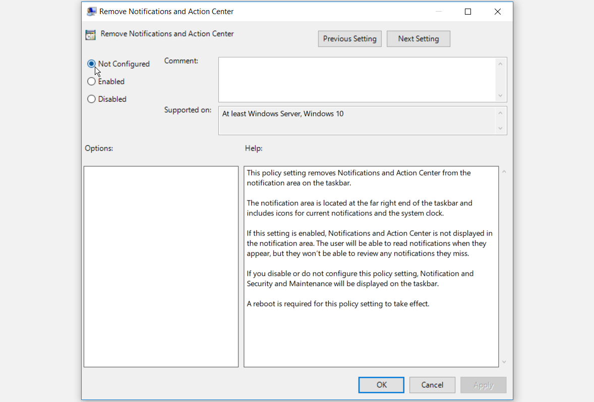 Enabling the Action Center Using the Group Policy Editor