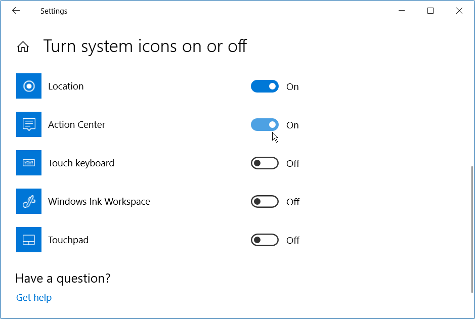 Enabling the Action Center Via Settings