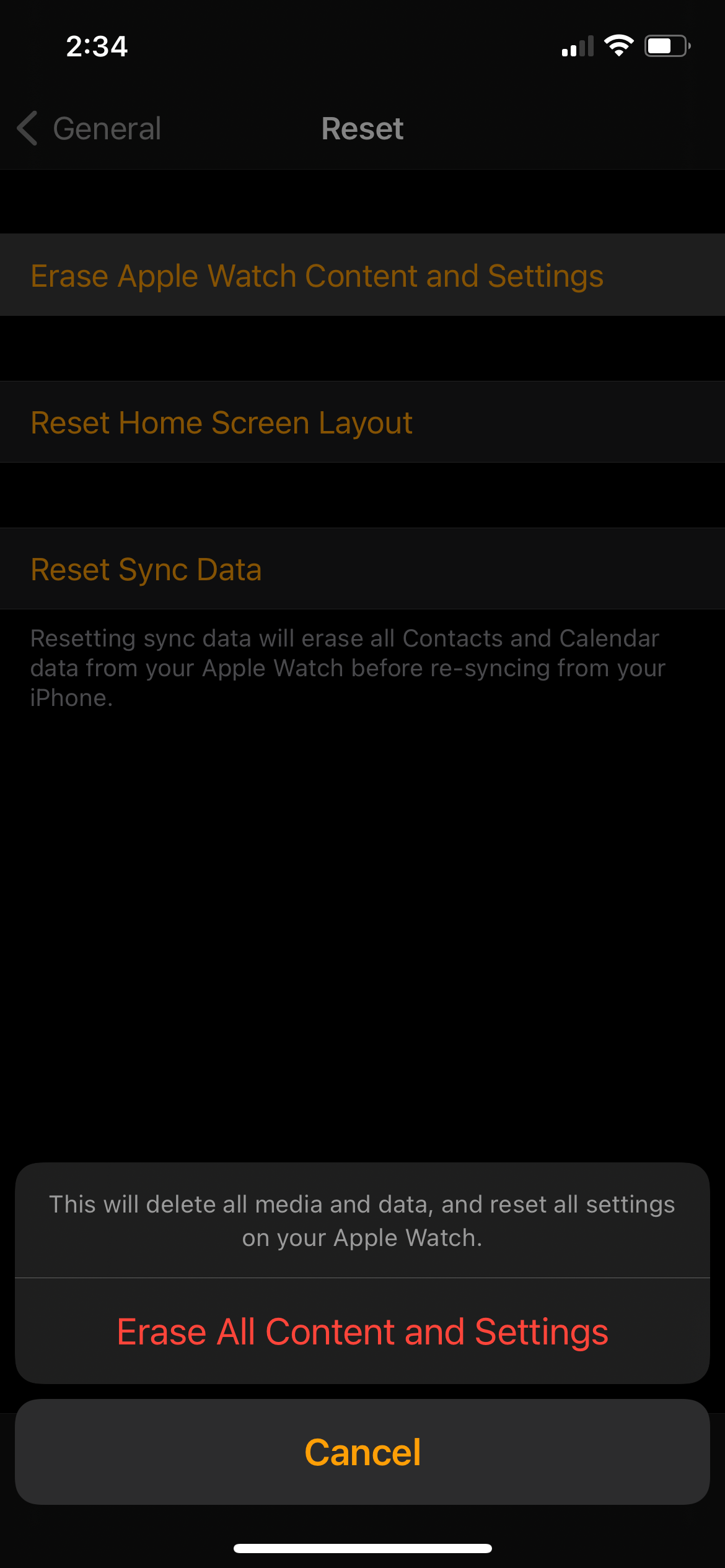 Erase Apple Watch confirmation message.