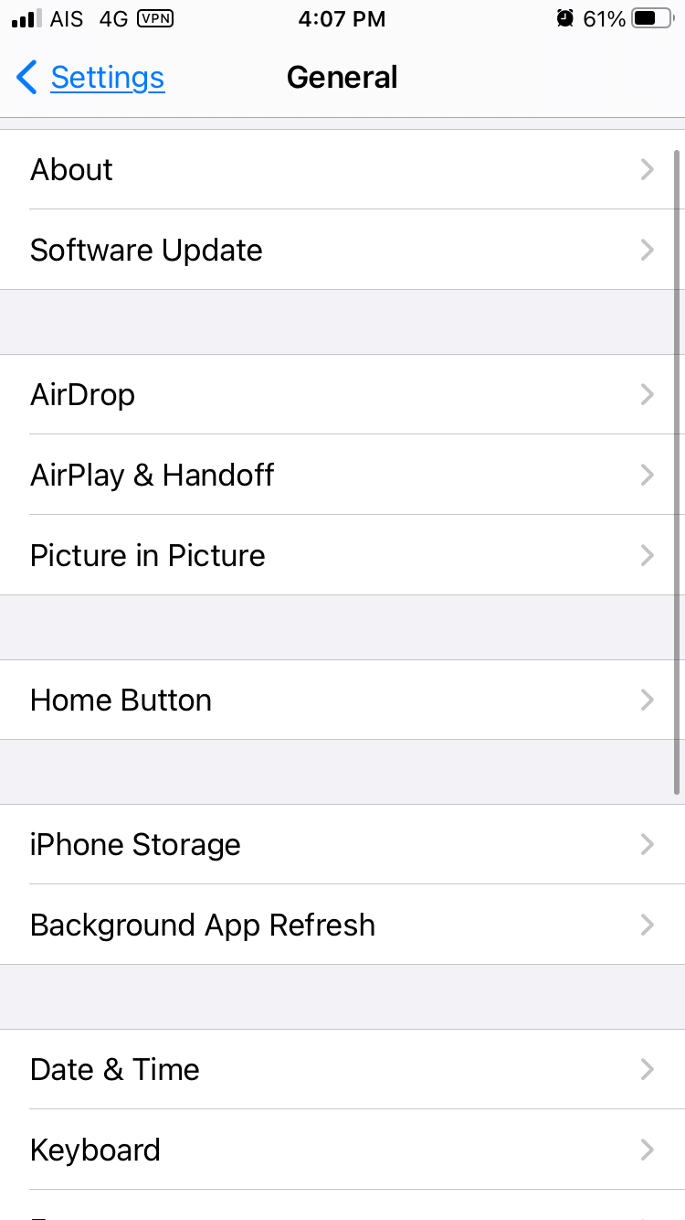 iPhone General settings page.