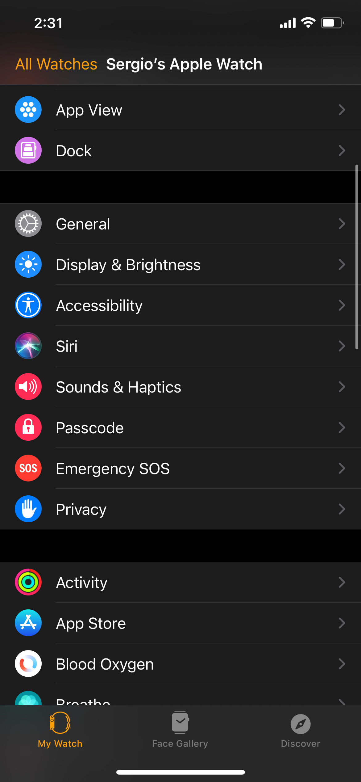 General settings in the Watch app on iPhone.