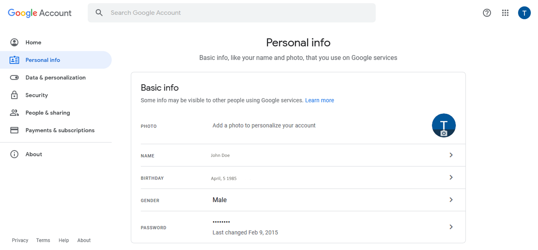Google account personal info tab.