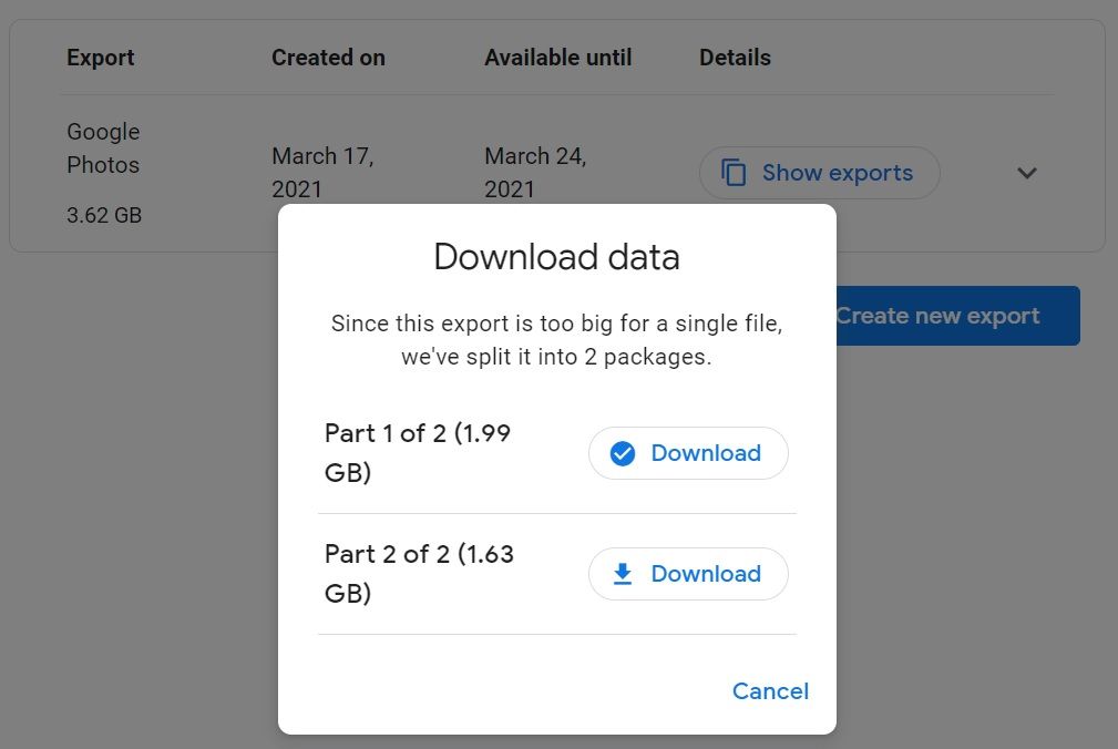 Google Photos Takeout Export screen