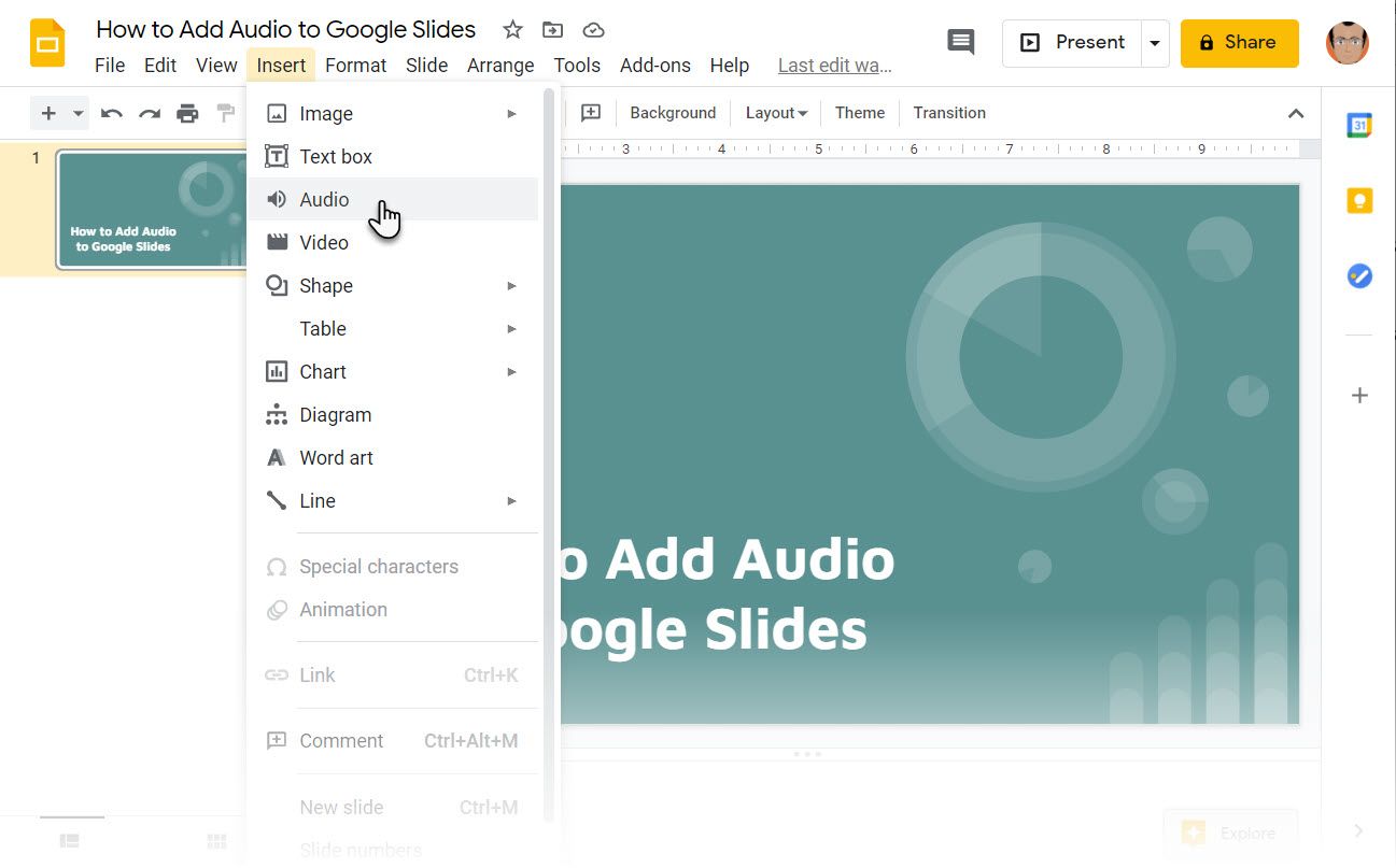 Insert menu in Google Slides