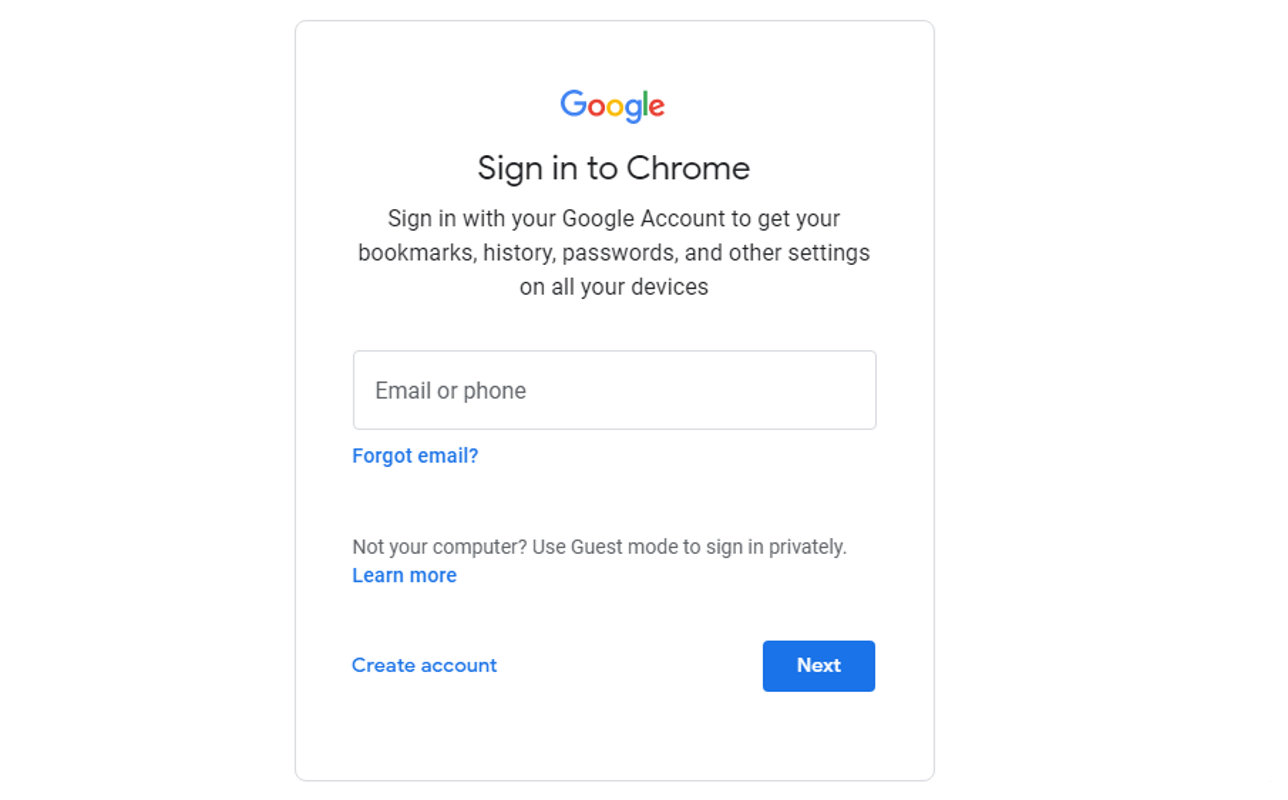Chrome's Google account sign in screen.