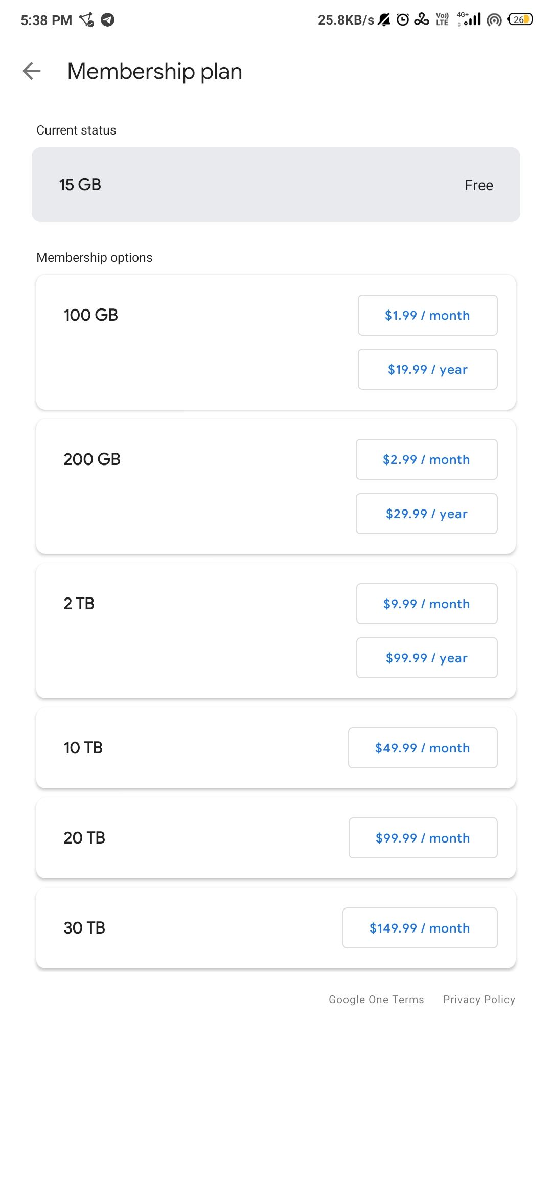Google One Subscription Price