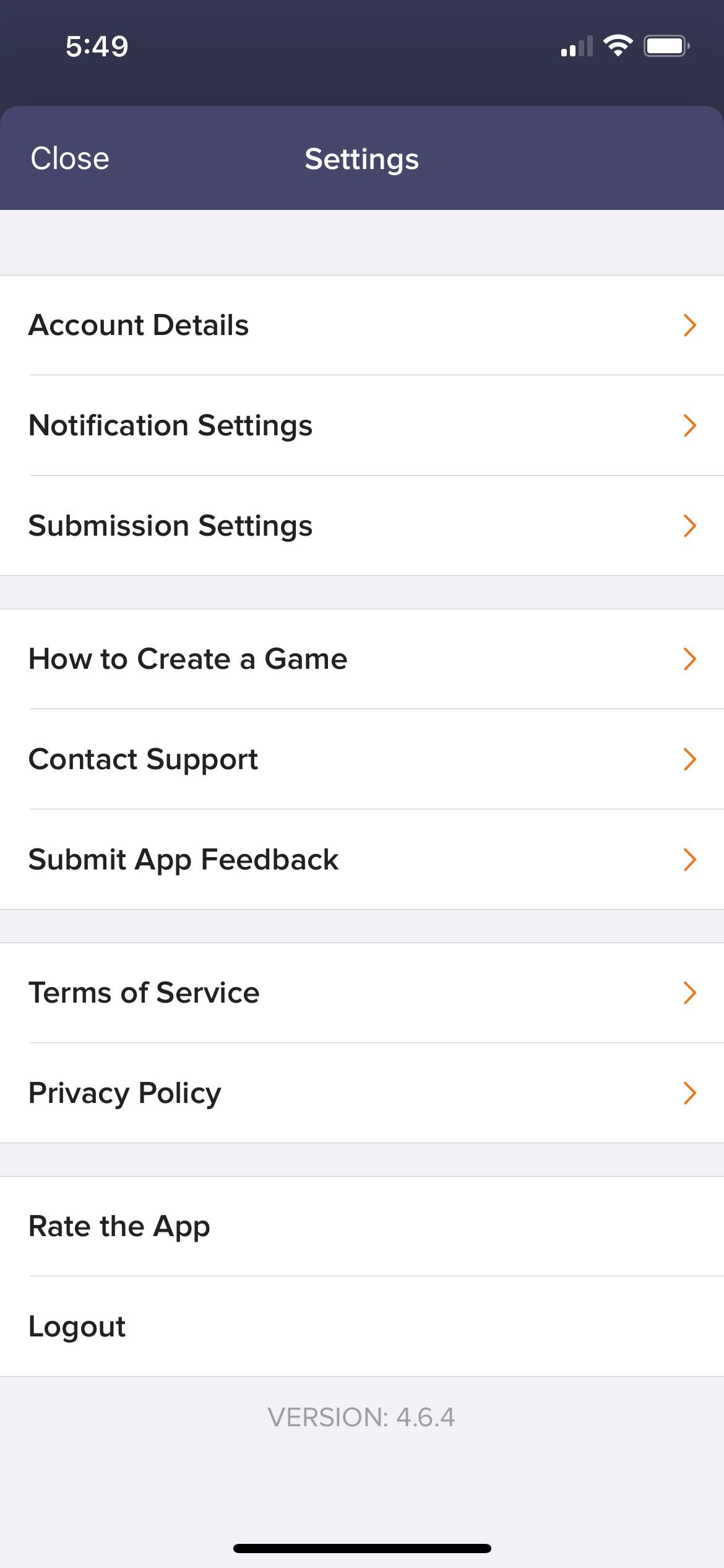 Goosechase App Options Screenshot.