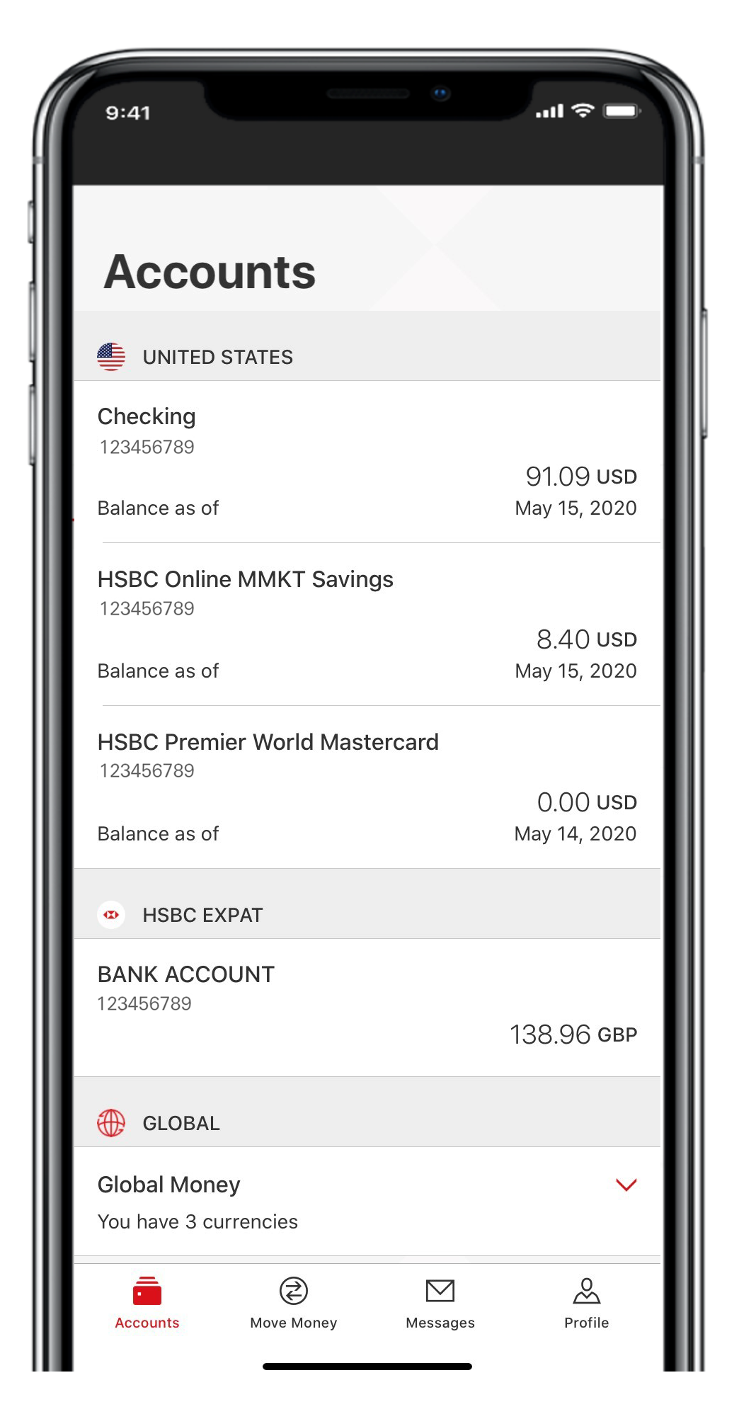 Screenshot of the home page in the HSBC app