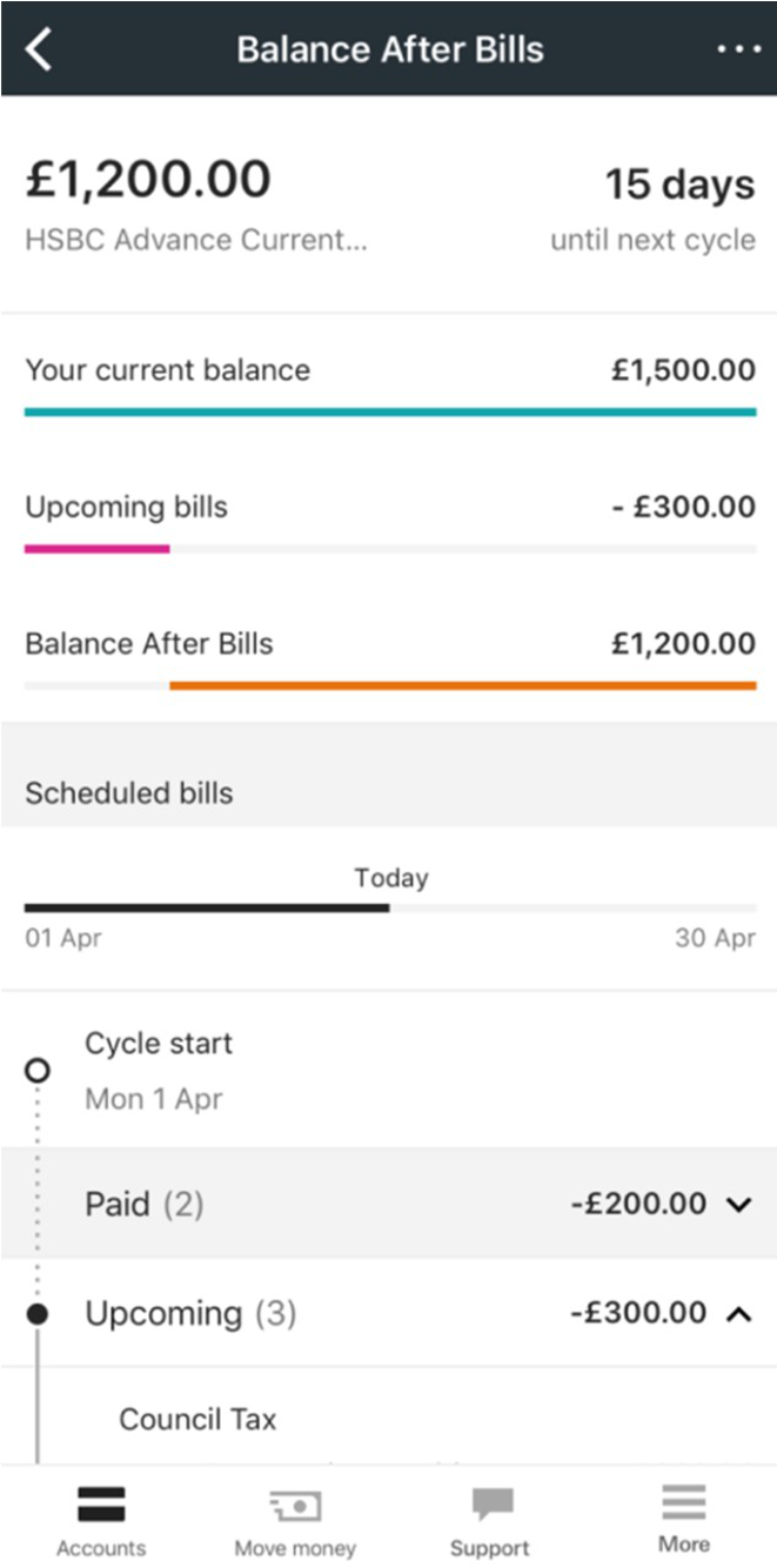 Screenshot of the bills feature in the HSBC app