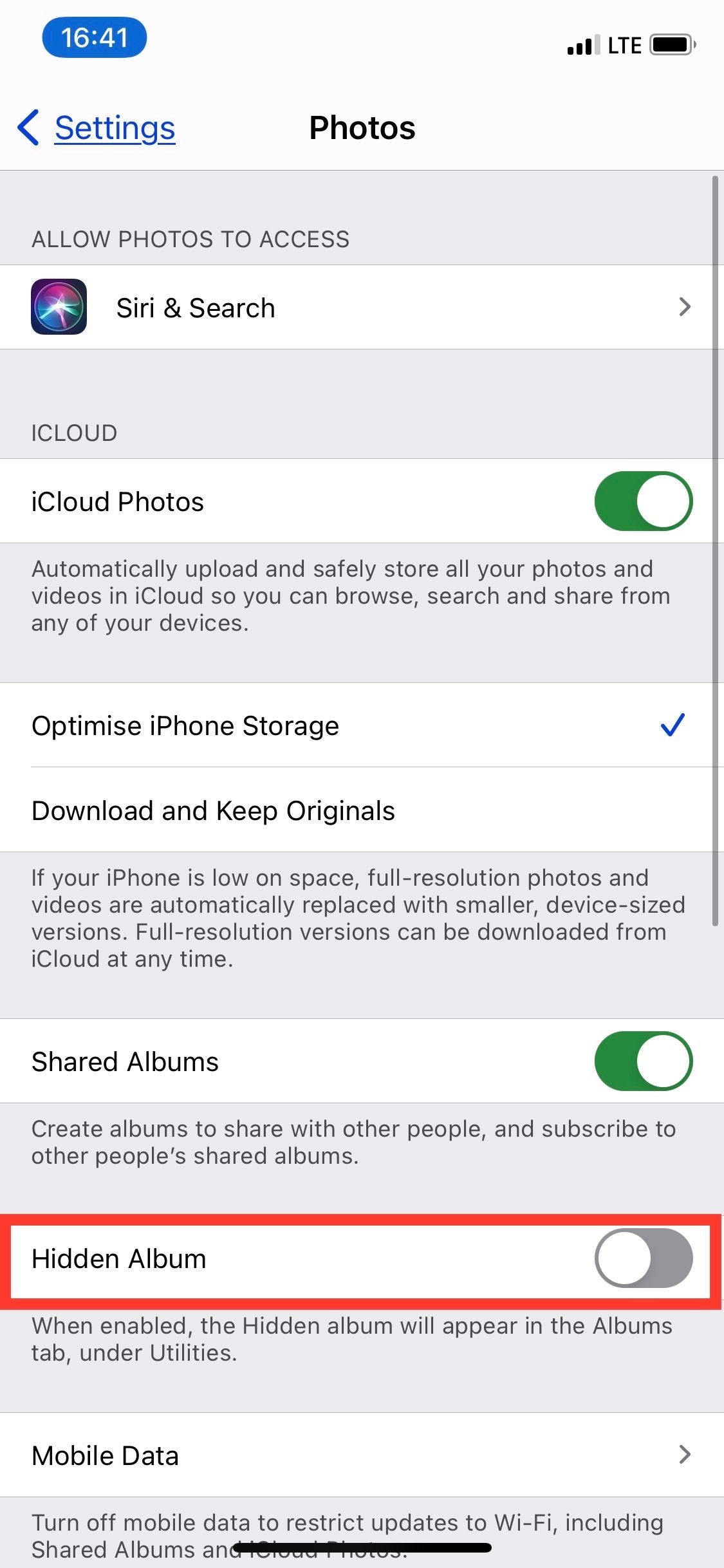 Option to hide Hidden photos album on iPhone.