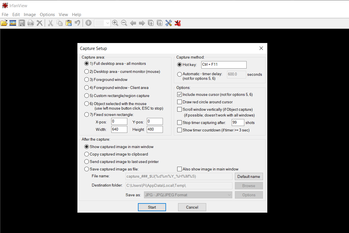 IrfanView mouse cursor - Come acquisire il cursore del mouse in uno screenshot di Windows 10