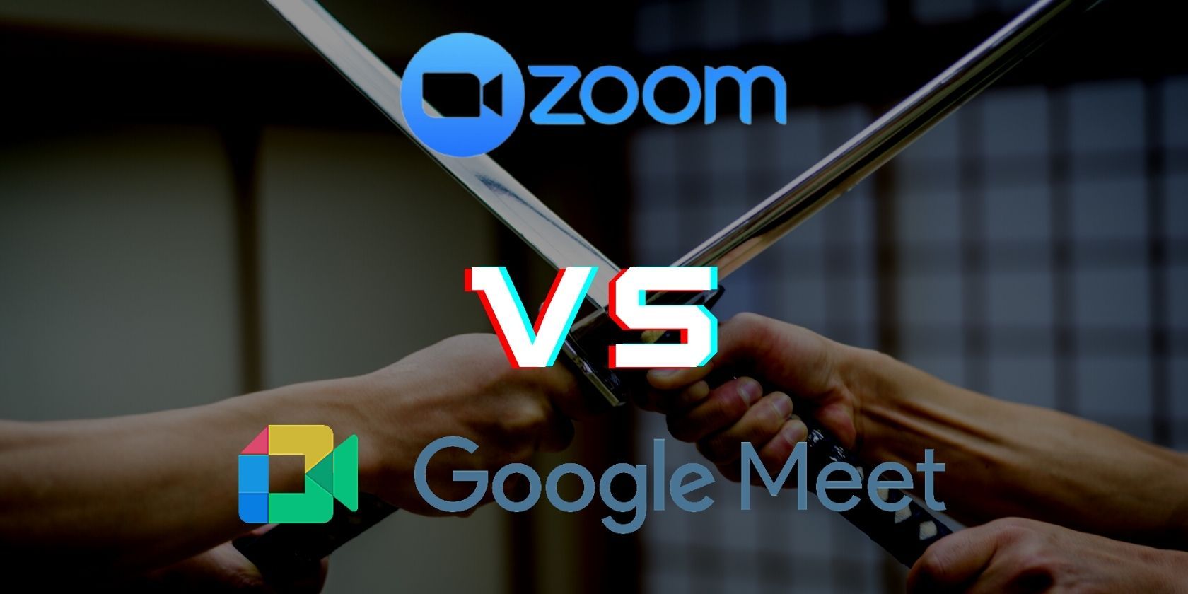 Zoom and Google Meet logos in front of swords
