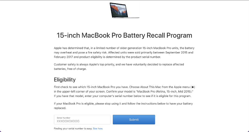 Screenshot of the Macbook Pro 2015 battery recall page
