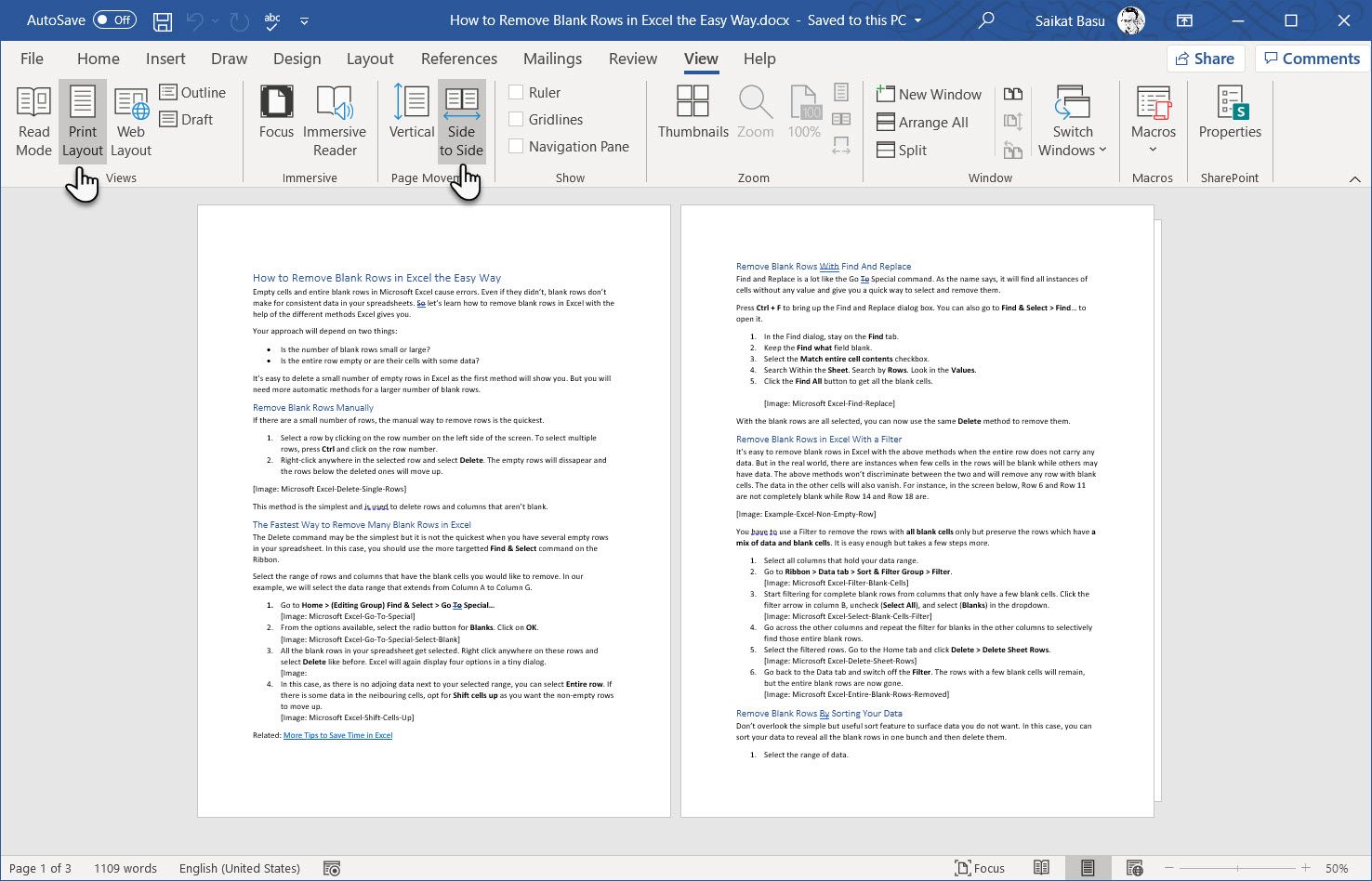 Microsoft Word Side to Side Command
