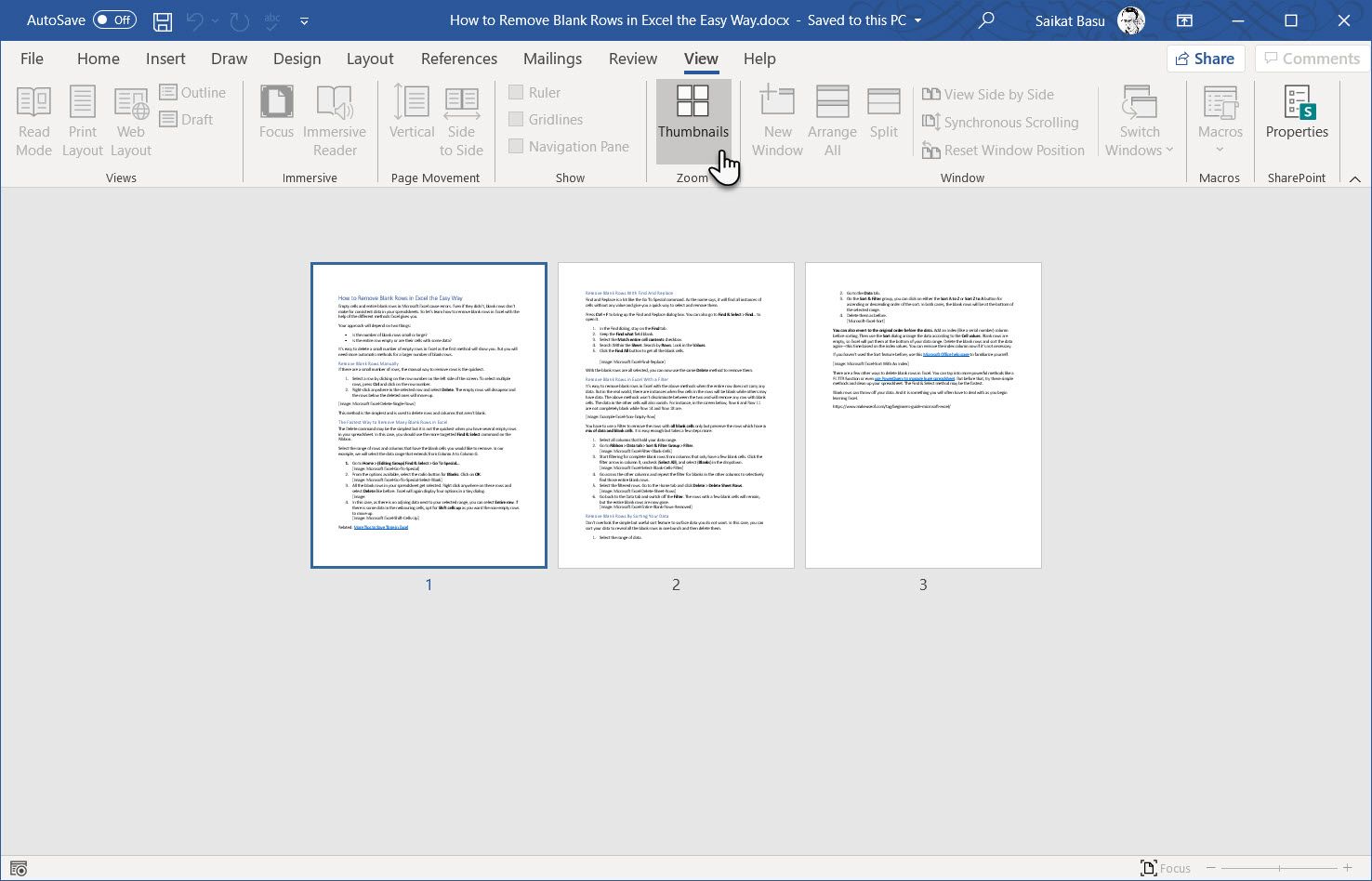 Microsoft Word Thumbnails in the Side to Side View