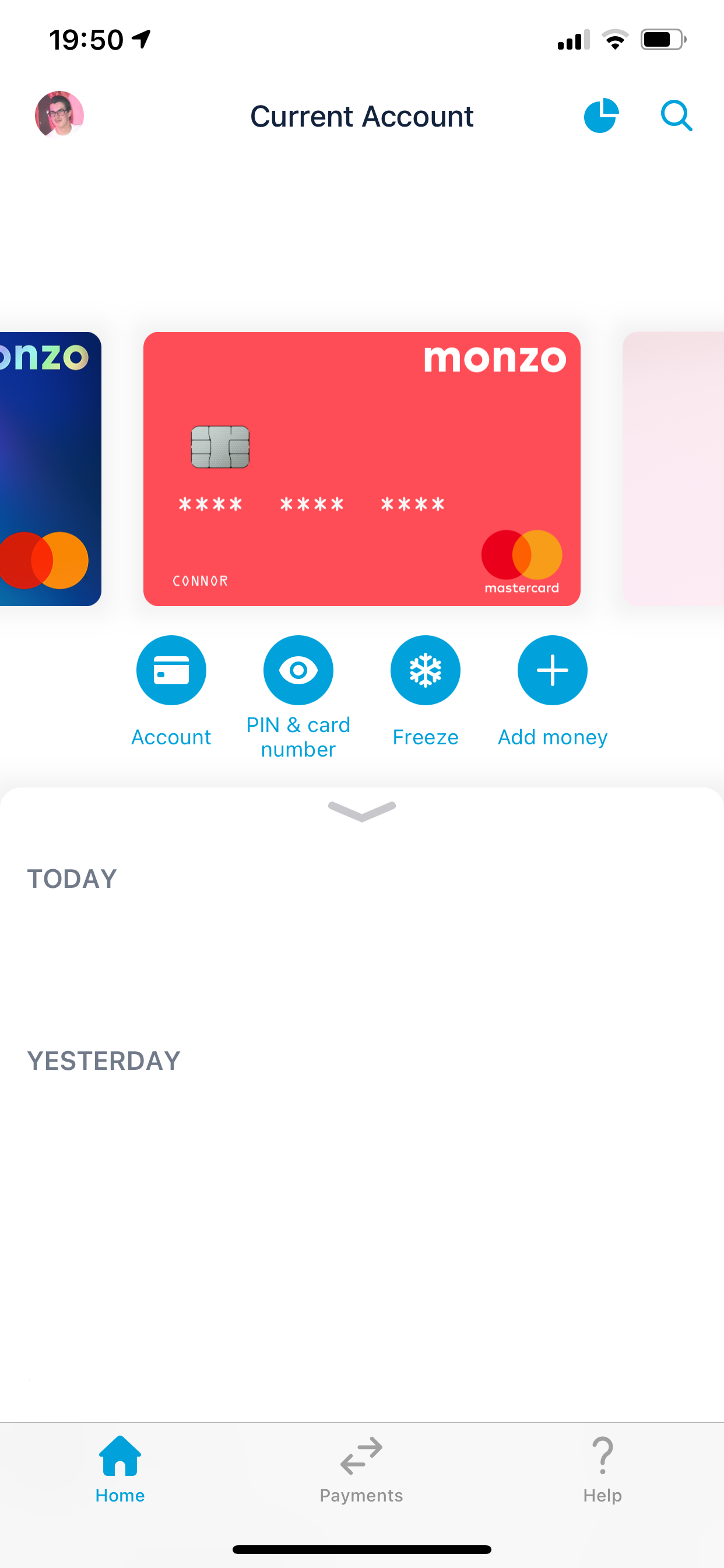 Screenshot of the Monzo app home page