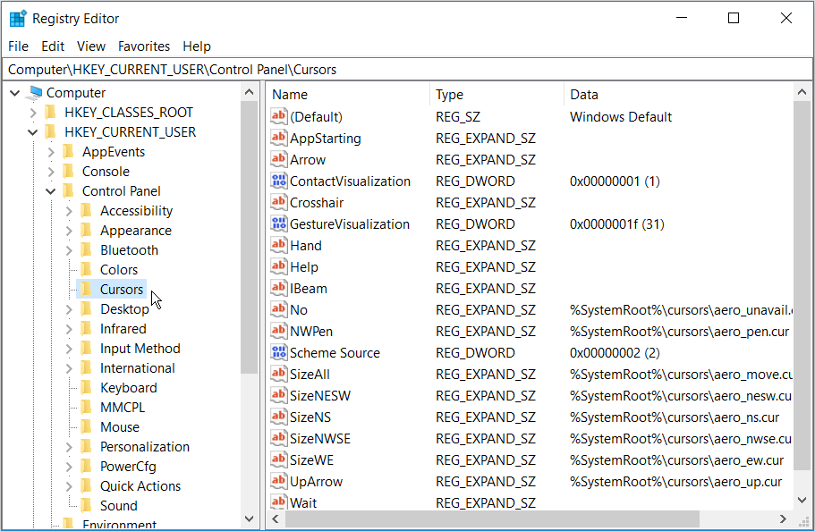 Navigating to the Cursors key in the Registry Editor