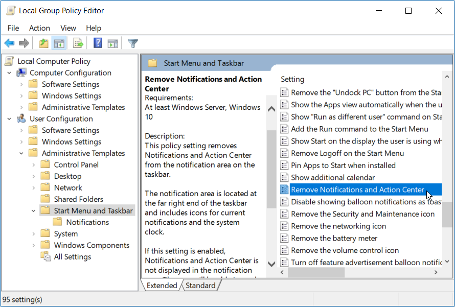 Navigating to the Remove Notifications and Action Center setting 1 - 6 modi per correggere il Centro operativo di Windows 10 quando non si apre