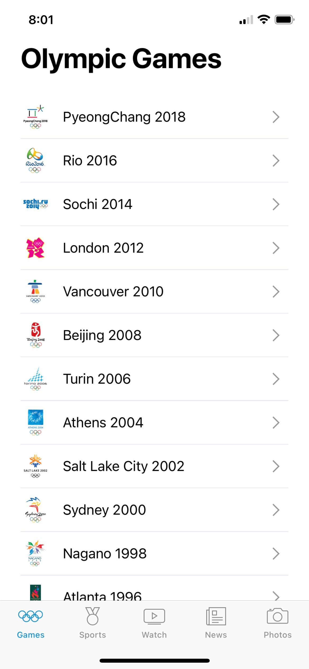 Olympics App Games Options.