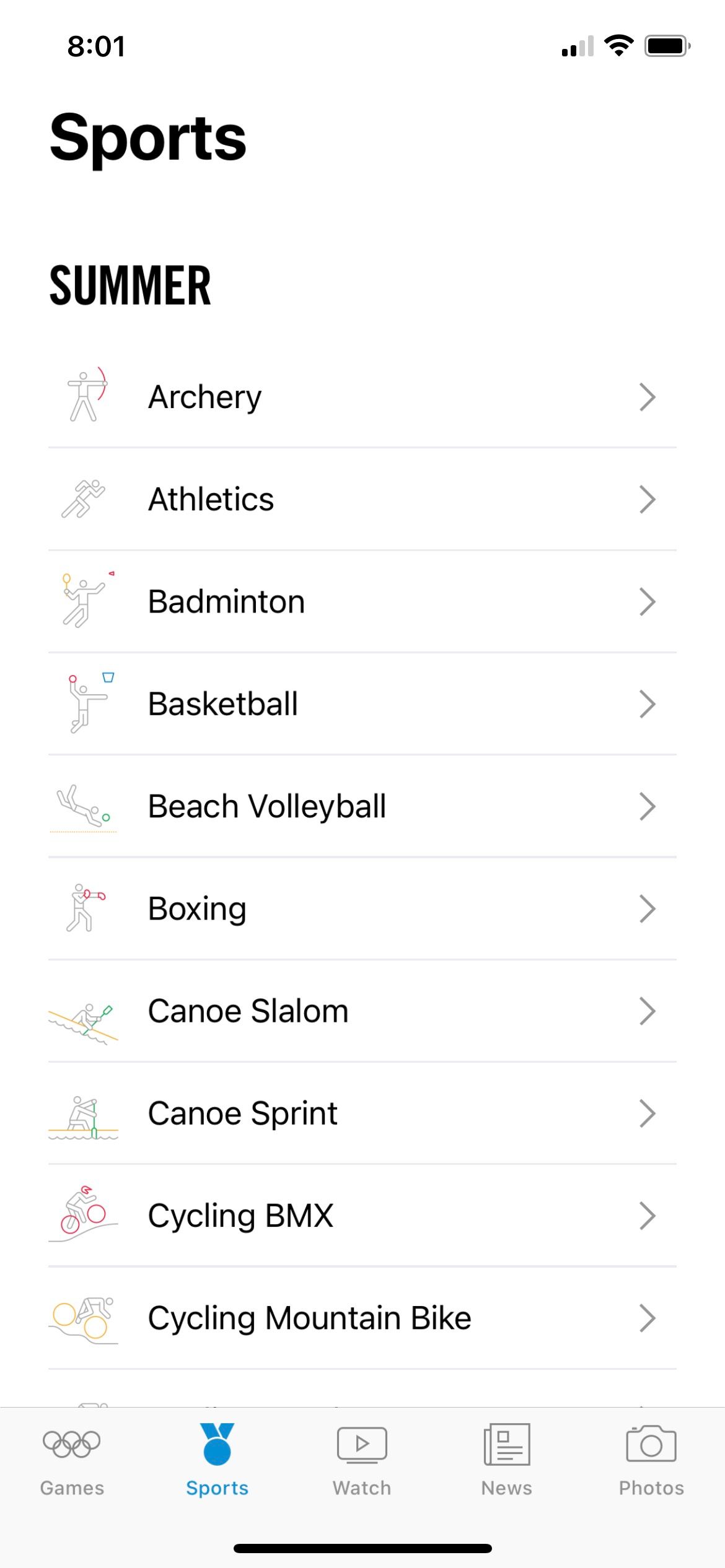 Olympics Sports App Options.