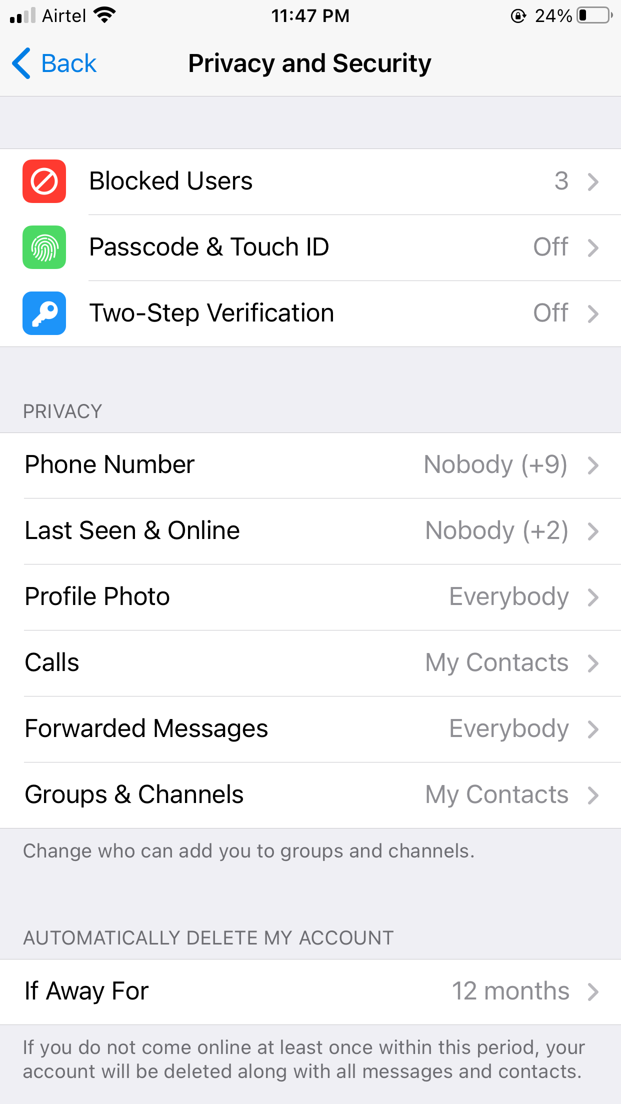 Passcode and Face ID or Touch ID in Telegram on iPhone