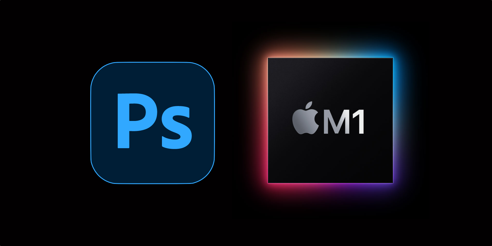 An illustration showing the Photoshop logo next to the Apple M1 chip logo against a dark background