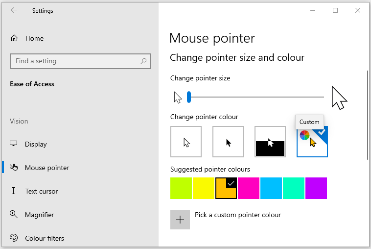 change the size of custom mouse pointer windows 8