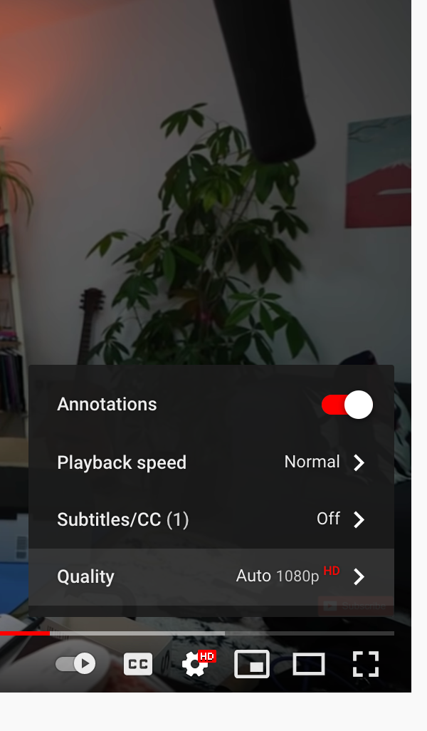 Gear icon bringing up settings menu on YouTube's website