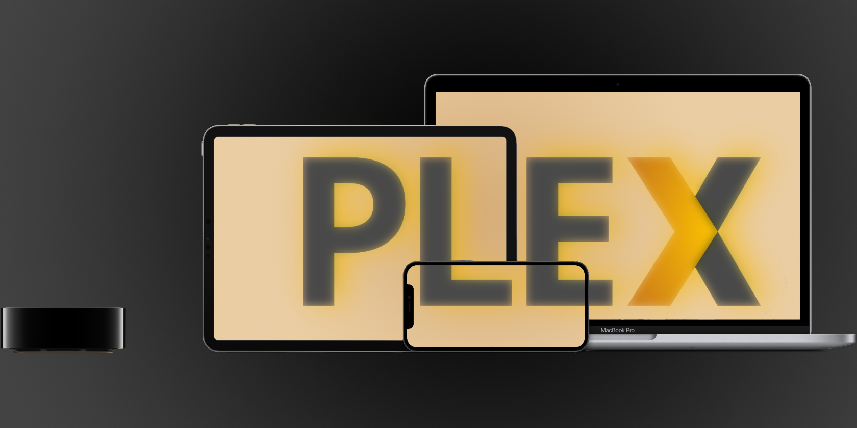 An illustration showing an iPhone, iPad and MacBook Pro displaying the Plex logo next to an Apple TV