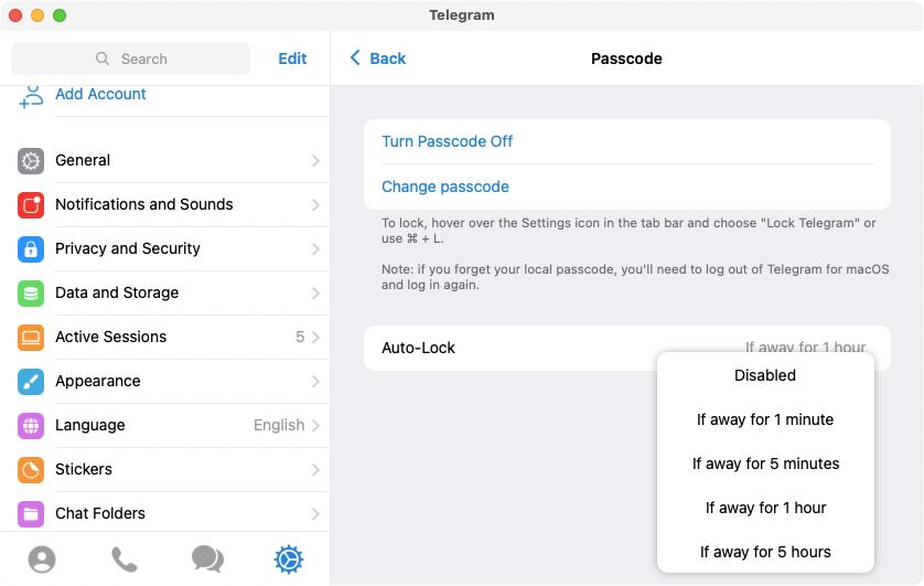 Privacy and Security Passcode Auto lock Telegram macOS - Come proteggere i tuoi messaggi di Telegram con un passcode