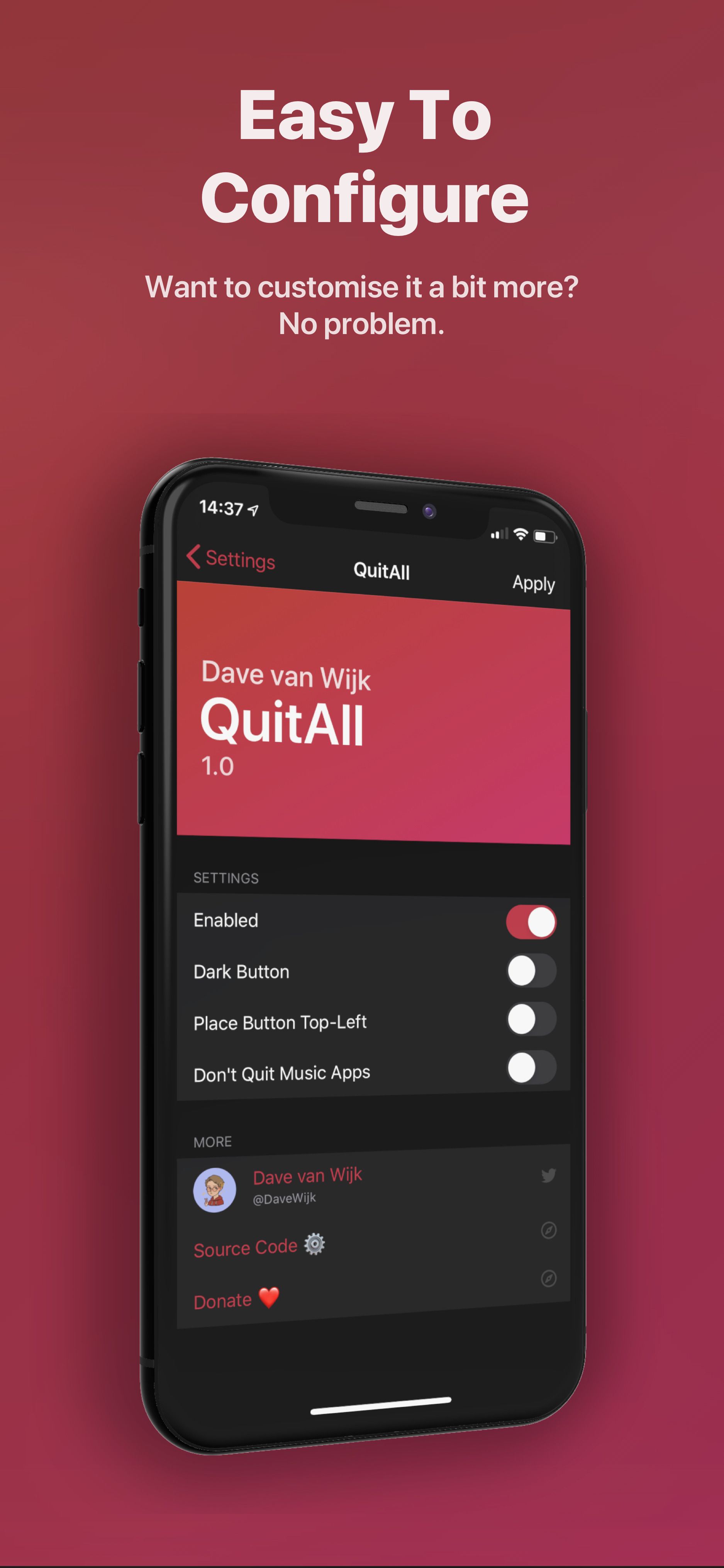 Screenshot showing QuitAll tweak settings
