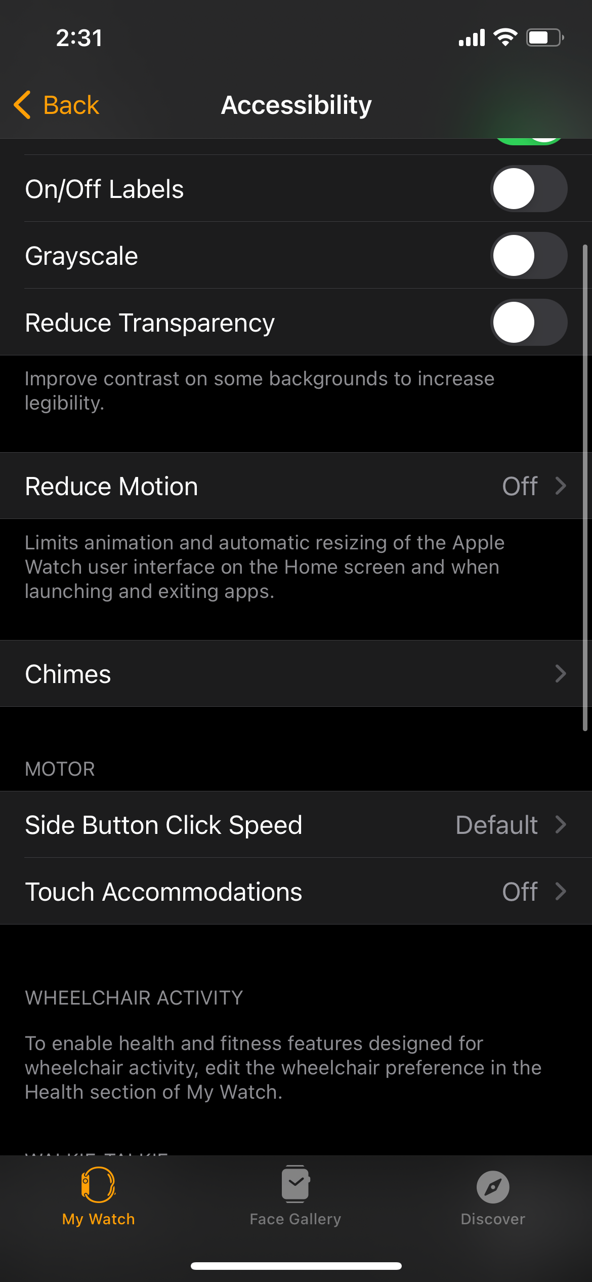 Reduce Motion settings on the Watch app on iPhone.