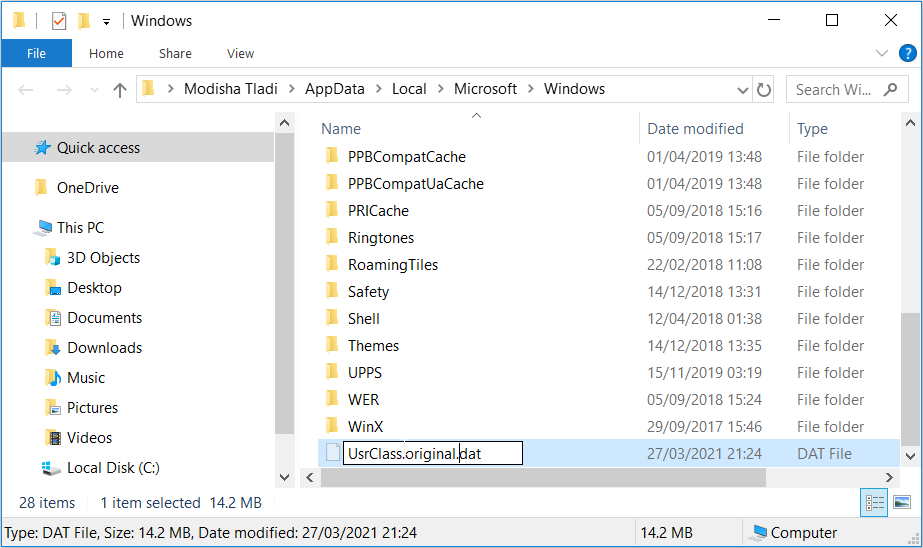 Renaming the UsrClass file 1 - 6 modi per correggere il Centro operativo di Windows 10 quando non si apre
