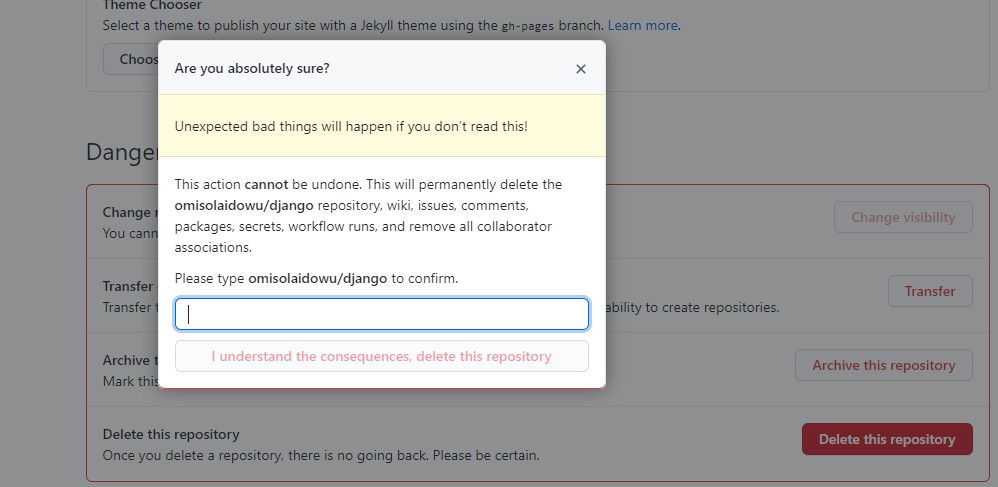 Repository settings menu delete confirmation modal box