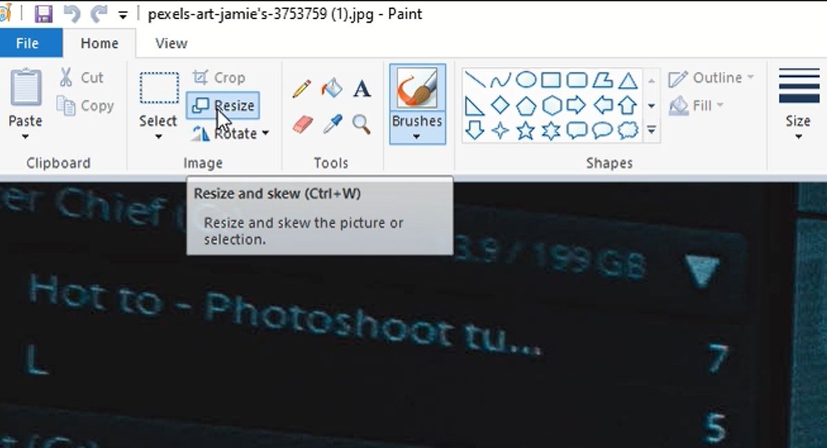 Select Resize Option in Paint for Image or JPEG