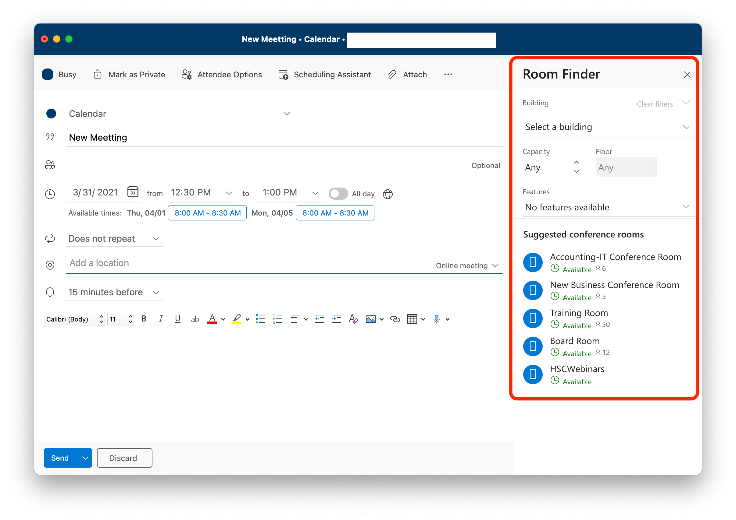 Room finder - Come pianificare una riunione in Microsoft Outlook