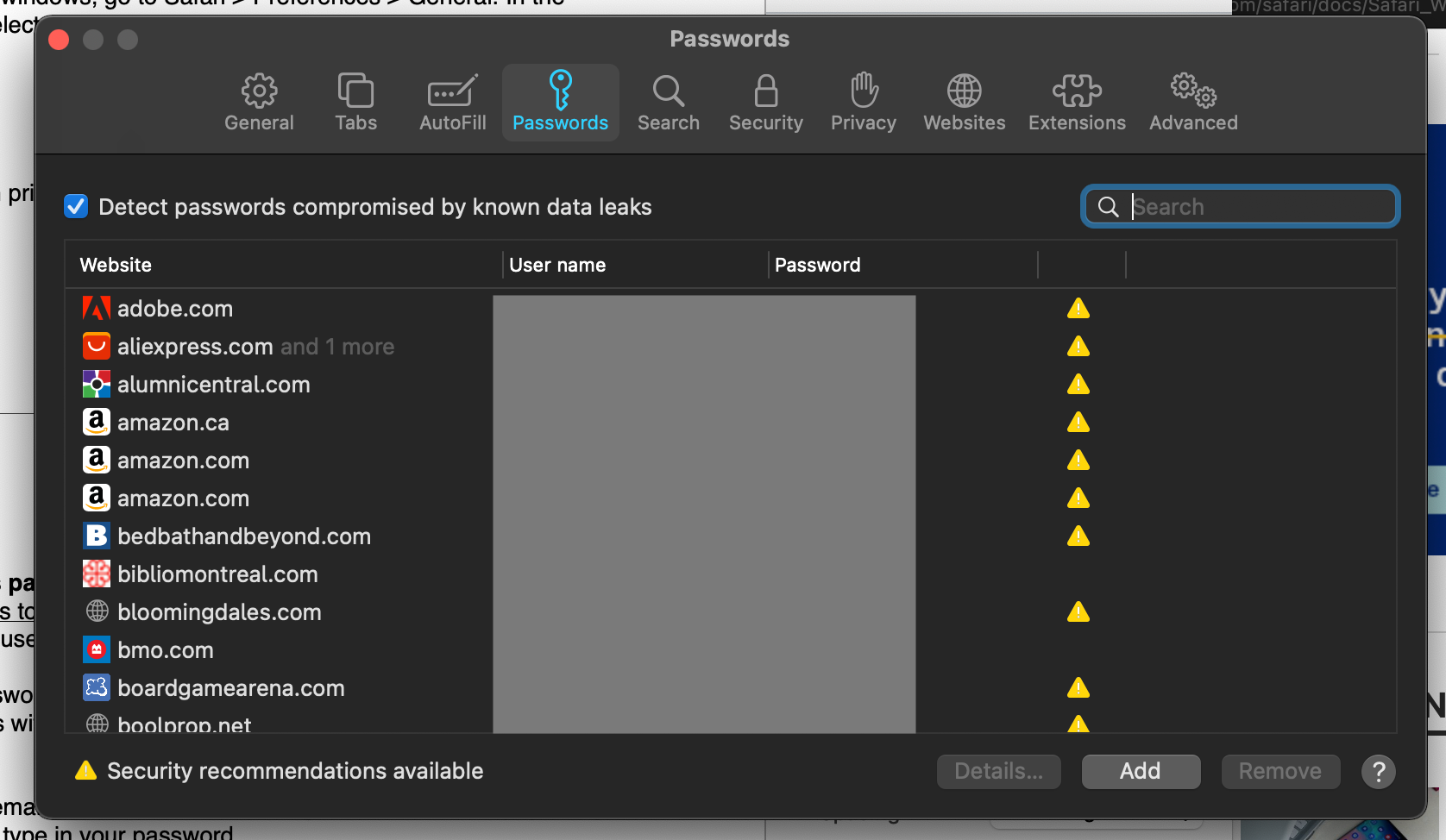 Passwords tab of Safari Preferences on a MacBook Pro unlocked