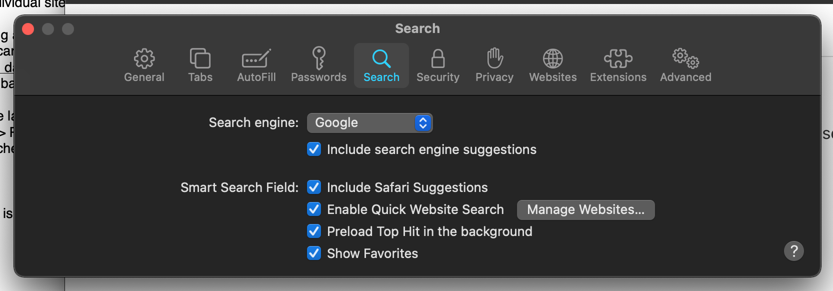 The Search tab in Safari Preferences on a MacBook Pro