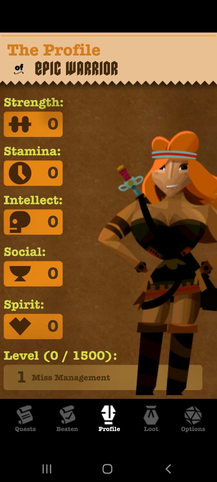 close-up screenshot of EpicWin App character profile
