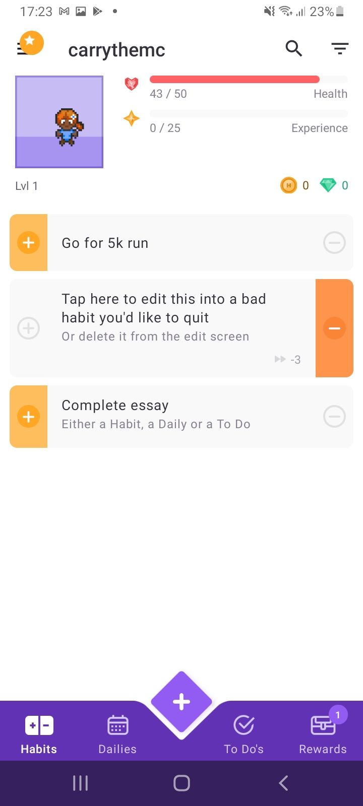 close-up screenshot of Habitica App goals list