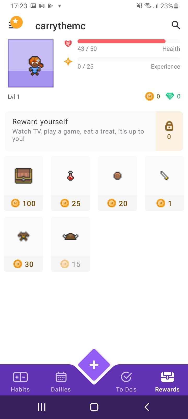 close-up screenshot of Habitica App rewards