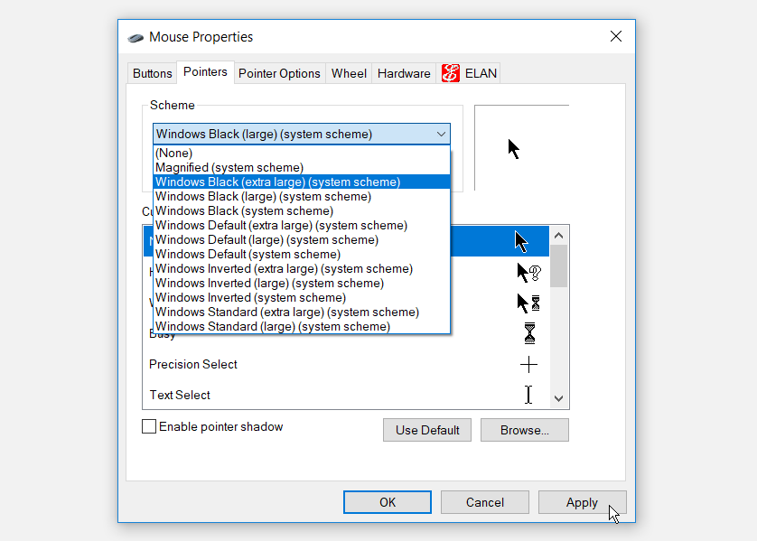 Selecting mouse pointer scheme