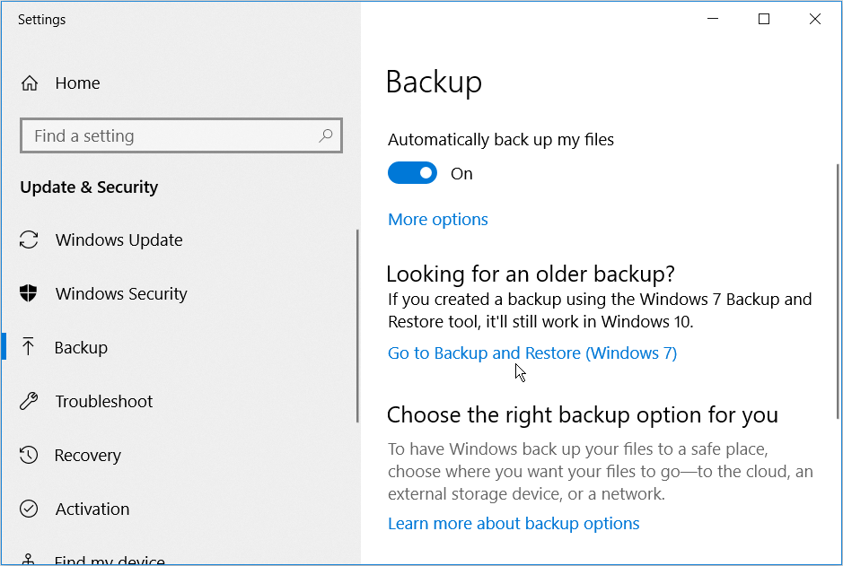 Selectând opțiunea Mergi la Backup și Restaurare (Windows 7) în Windows